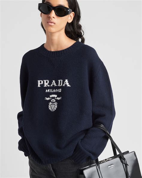 Navy Cropped Silk Sweater With Logo 